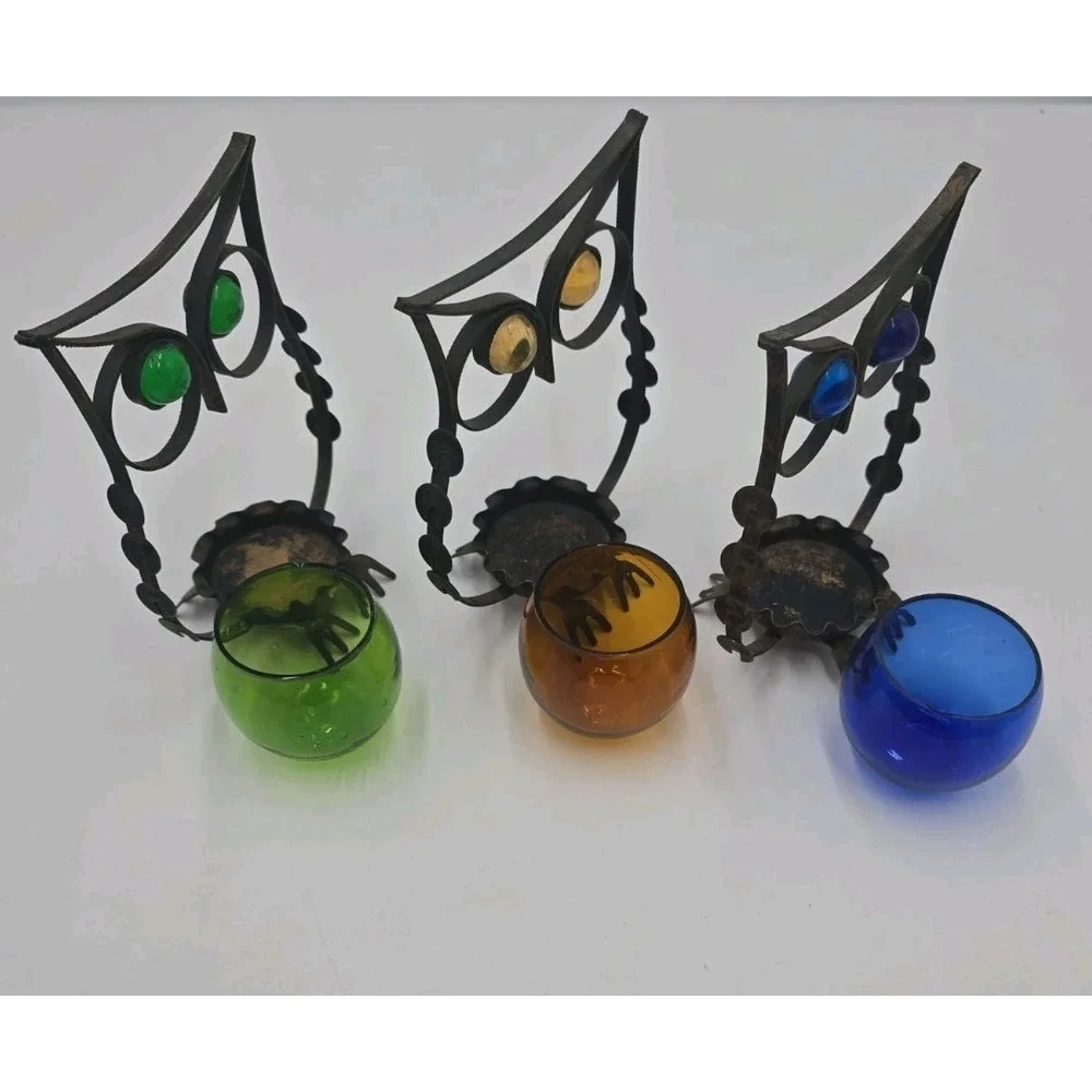 3 Metal Owl Tealight Votive Candle Holder w/Glass Candle Holder Farmhouse
